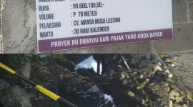 Foto : pekerjaan drainase di kampung Pabuaran, kelurahan Curug Kulon, Kecamatan Curug yang masih tergenang air tanpa adanya mortar.